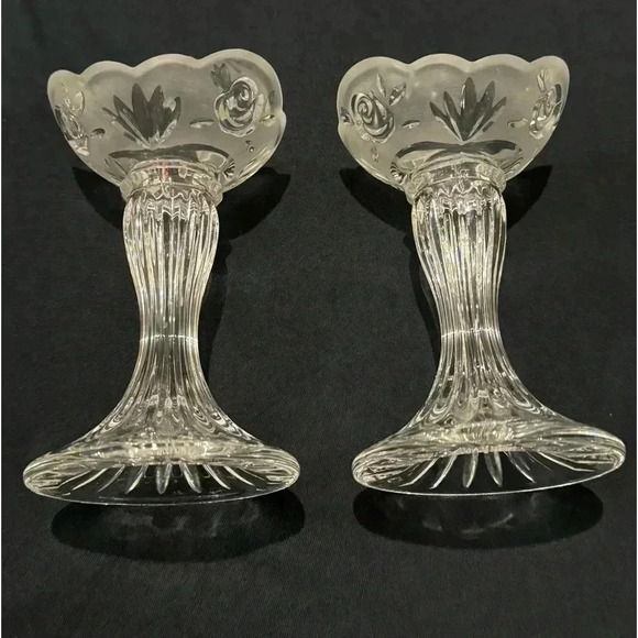 Vintage Rose Cottage Frosted Etched Glass Candlesticks Grannycore Cottagecore - Picture 1 of 13